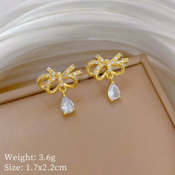 Titanium Steel Women's Geometric Light Luxury Full Diamond Butterfly Water Drops Necklace Earrings Set With Electroplating