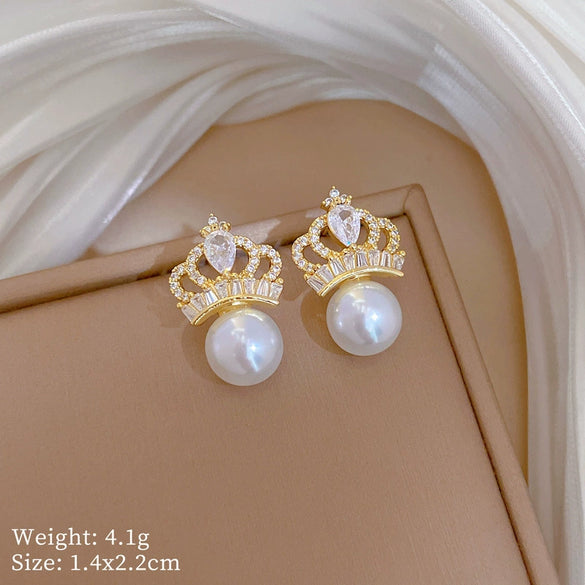 Titanium Steel Women's Geometric Light Luxury Full Diamond Pearl Crown Style Necklace Earrings Set With Electroplating