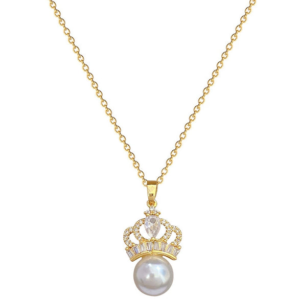 Titanium Steel Women's Geometric Light Luxury Full Diamond Pearl Crown Style Necklace Earrings Set With Electroplating