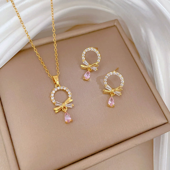 Titanium Steel Women's Geometric Light Luxury Full Diamond Water Drops Earrings Necklace Set With Electroplating