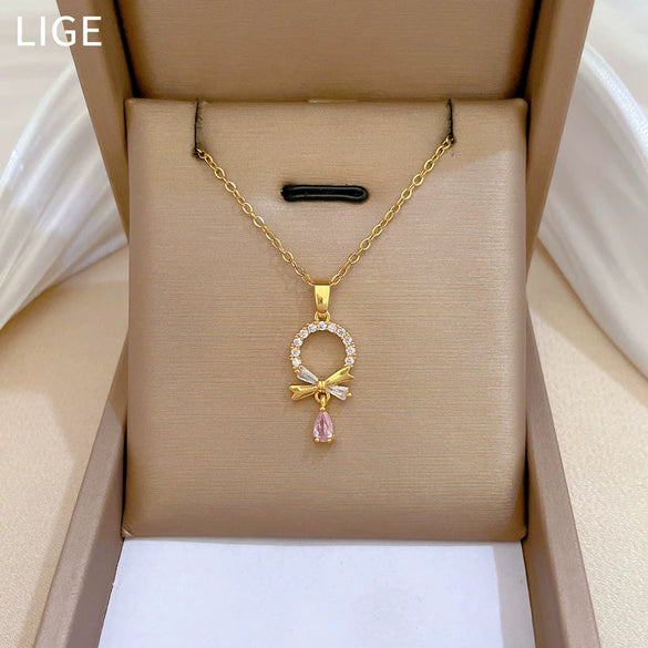 Titanium Steel Women's Geometric Light Luxury Full Diamond Water Drops Earrings Necklace Set With Electroplating