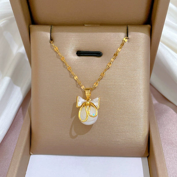 Titanium Steel Women's Geometric Mermaid Butterfly Microinlaid Real Gold Necklace With Diamond Design