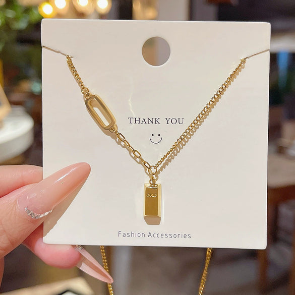 Titanium Steel Women's Geometric Mixed Gemstone Setting Electroplated Gold Brick Necklace Cross Chain