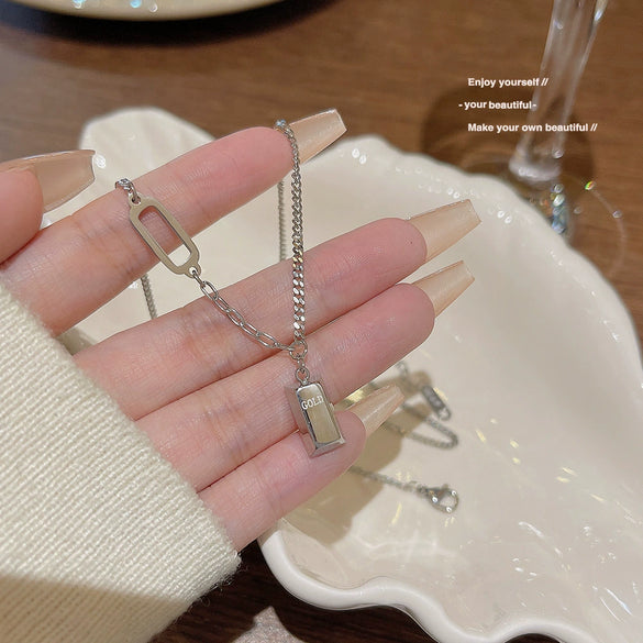 Titanium Steel Women's Geometric Mixed Gemstone Setting Electroplated Gold Brick Necklace Cross Chain