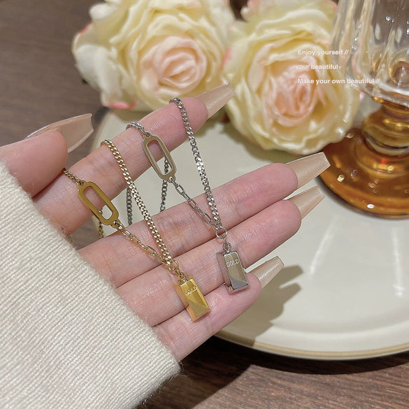 Titanium Steel Women's Geometric Mixed Gemstone Setting Electroplated Gold Brick Necklace Cross Chain