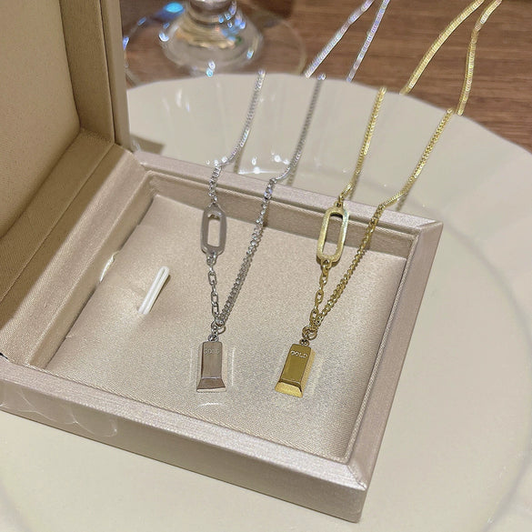 Titanium Steel Women's Geometric Mixed Gemstone Setting Electroplated Gold Brick Necklace Cross Chain