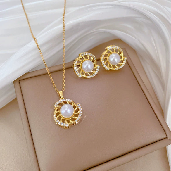Titanium Steel Women's Geometric Rotating Pearl Full Diamond Elegant Light Luxury Necklace Earrings Set With Electroplating