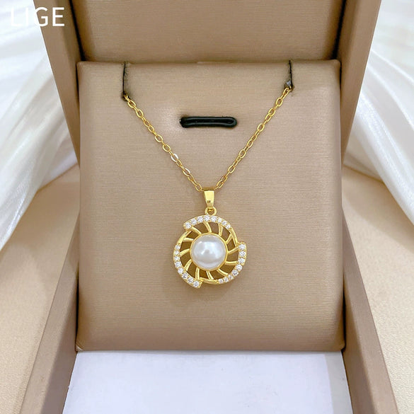 Titanium Steel Women's Geometric Rotating Pearl Full Diamond Elegant Light Luxury Necklace Earrings Set With Electroplating