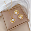 Titanium Steel Women's Geometric Rotating Pearl Full Diamond Elegant Light Luxury Necklace Earrings Set With Electroplating