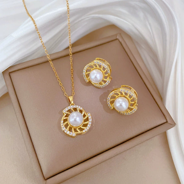 Titanium Steel Women's Geometric Rotating Pearl Full Diamond Elegant Light Luxury Necklace Earrings Set With Electroplating