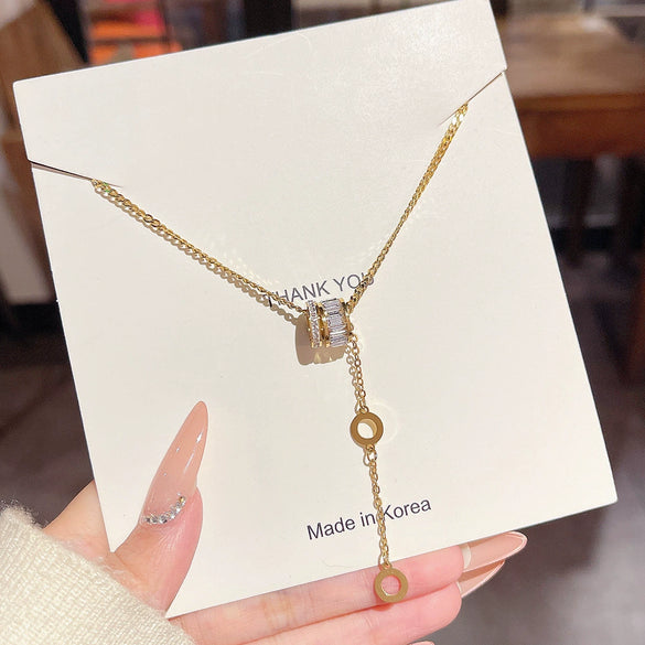 Titanium Steel Women's Geometric Style Tassel Necklace With Zirconia And Mixed Gemstone Setting