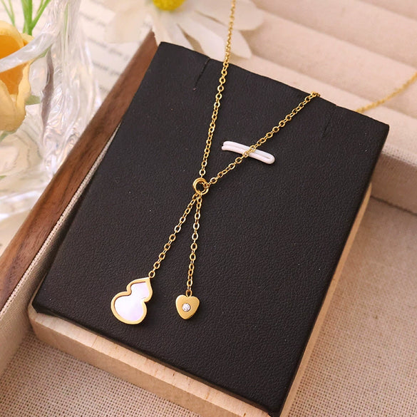 Titanium Steel Women's Highend Geometric Style Shell Tassel Gourd Necklace With 18K Gold Powder Plated Treatment