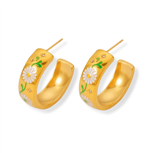 316L Stainless Steel Women's Jewelry Cshaped Earrings With Daisy And Geometric Design And Electroplating Process