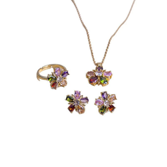 Titanium Steel Women's Jewelry Set With Gemstone Flower Pendant Ring And Earring Electroplated O Word Chain