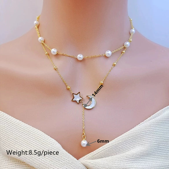 Titanium Steel Women's Jewelry Set With Love Water Drops Bell Pattern And Doublelayer Pearl Star Moon Design Including Necklace Bracelet Ear Buckle