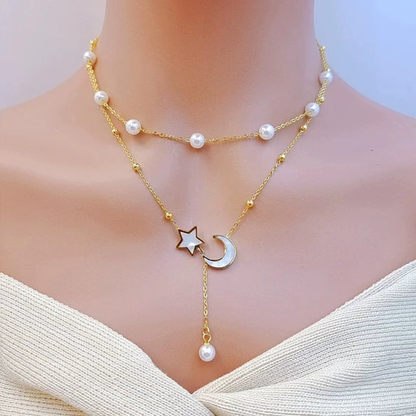 Titanium Steel Women's Jewelry Set With Love Water Drops Bell Pattern And Doublelayer Pearl Star Moon Design Including Necklace Bracelet Ear Buckle