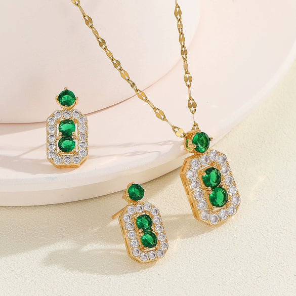 Titanium Steel Women's Jewelry With Geometric Pattern O Word Chain Emerald Gemstone Pendant And Earrings Electroplating Process