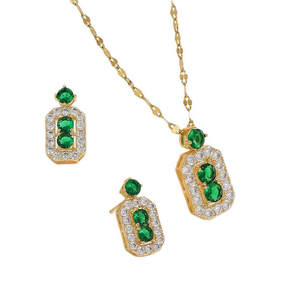 Titanium Steel Women's Jewelry With Geometric Pattern O Word Chain Emerald Gemstone Pendant And Earrings Electroplating Process