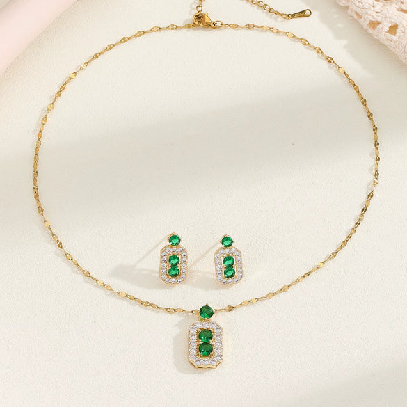 Titanium Steel Women's Jewelry With Geometric Pattern O Word Chain Emerald Gemstone Pendant And Earrings Electroplating Process