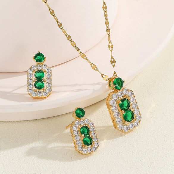 Titanium Steel Women's Jewelry With Geometric Pattern O Word Chain Emerald Gemstone Pendant And Earrings Electroplating Process