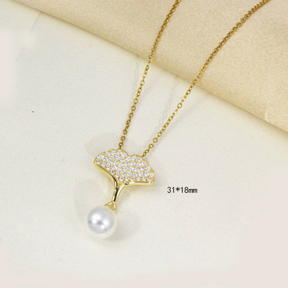 Titanium Steel Women's Jewelry With Pearl Pendant O Word Chain Leaf Pattern Mixed Gemstone Setting Electroplating