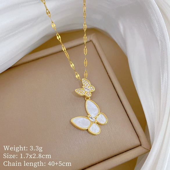 Titanium Steel Women's Light Luxury Butterfly Microinlaid Real Gold Necklace With Motherofpearl And Geometric Pattern And Diamond Design