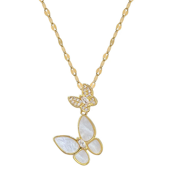 Titanium Steel Women's Light Luxury Butterfly Microinlaid Real Gold Necklace With Motherofpearl And Geometric Pattern And Diamond Design