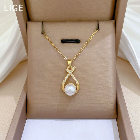 Titanium Steel Women's Light Luxury Cross Pearl Jewelry Set With Geometric Pattern And Electroplating Treatment