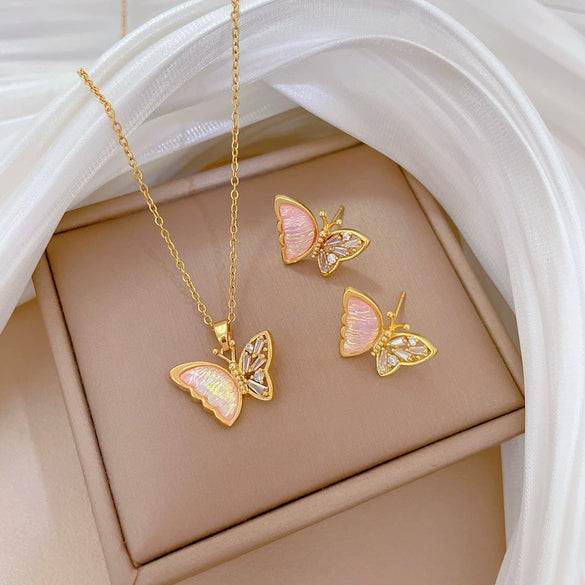 Titanium Steel Women's Light Luxury Full Diamond Pink Butterfly Geometric Electroplated Necklace Earrings Set