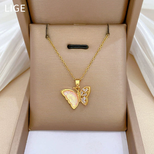 Titanium Steel Women's Light Luxury Full Diamond Pink Butterfly Geometric Electroplated Necklace Earrings Set