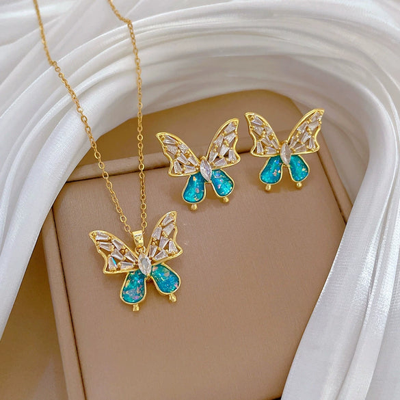 Titanium Steel Women's Light Luxury Geometric Blue Bow Earrings Necklace Set With Electroplating