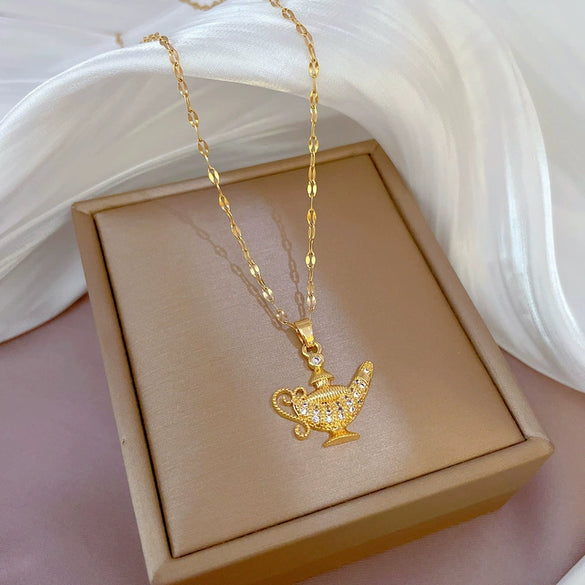Titanium Steel Women's Light Luxury Geometric Diamond Microinlaid Zircon Pendant Necklace Copper Plated Gold