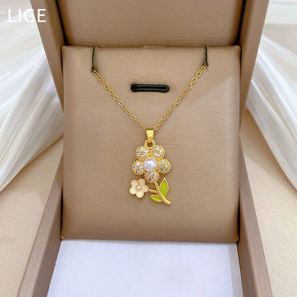 Titanium Steel Women's Light Luxury Geometric Earrings Necklace Set With Electroplating And Diamond Dropping Oil Flower Design