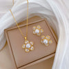 Titanium Steel Women's Light Luxury Geometric Five Leaf Flower Pearl Necklace And Earrings Set With Electroplating