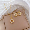 Titanium Steel Women's Light Luxury Geometric Four Leaf Flower Zircon Electroplated Jewelry Set Necklace And Earrings