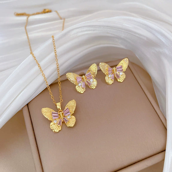 Titanium Steel Women's Light Luxury Geometric Laser Bow Full Diamond Electroplated Necklace Earrings Set