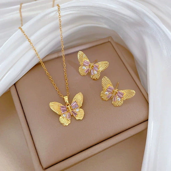 Titanium Steel Women's Light Luxury Geometric Laser Bow Full Diamond Electroplated Necklace Earrings Set