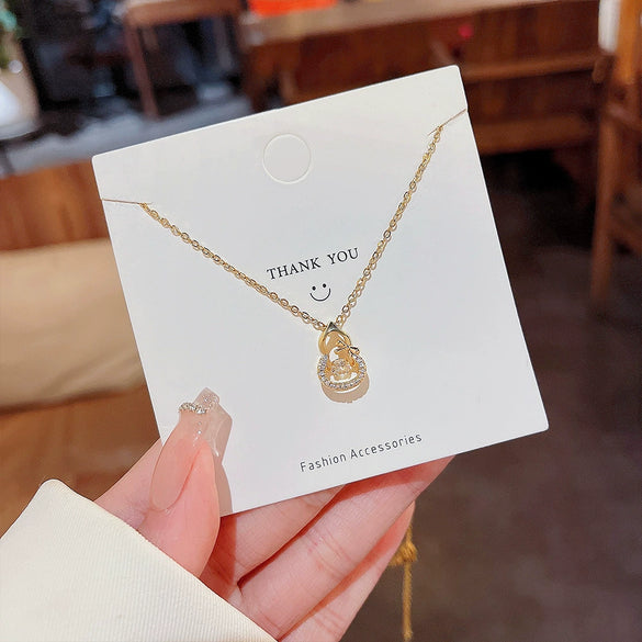 Titanium Steel Women's Light Luxury Geometric Lucky Gourd Beating Heart Pendant Necklace Set With Precious Stones
