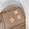 Titanium Steel Women's Light Luxury Geometric Shell Four Leaf Flower Necklace And Earrings Set With Electroplating