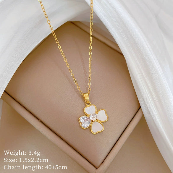 Titanium Steel Women's Light Luxury Geometric Shell Four Leaf Flower Necklace And Earrings Set With Electroplating