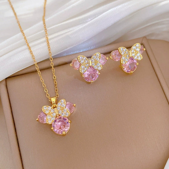Titanium Steel Women's Light Luxury Geometric Style Necklace And Earrings Set With Electroplating And Cat Bow Design