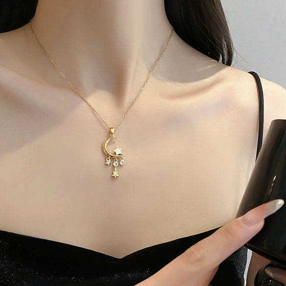 Titanium Steel Women's Light Luxury Geometric Tassel Star Moon Pendant Necklace With Diamond Treatment