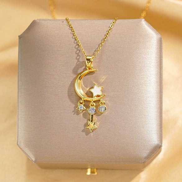 Titanium Steel Women's Light Luxury Geometric Tassel Star Moon Pendant Necklace With Diamond Treatment