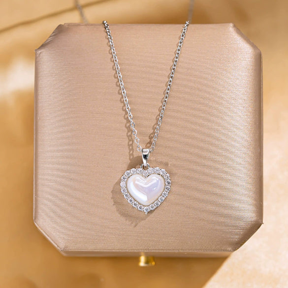 Titanium Steel Women's Light Luxury Heart Shape Diamond Inlay Pendant Necklace With Cross Chain