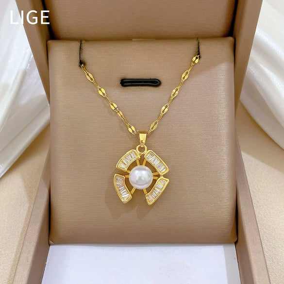 Titanium Steel Women's Light Luxury Necklace Earrings Set With Irregular Pearl And Geometric Pattern Electroplated