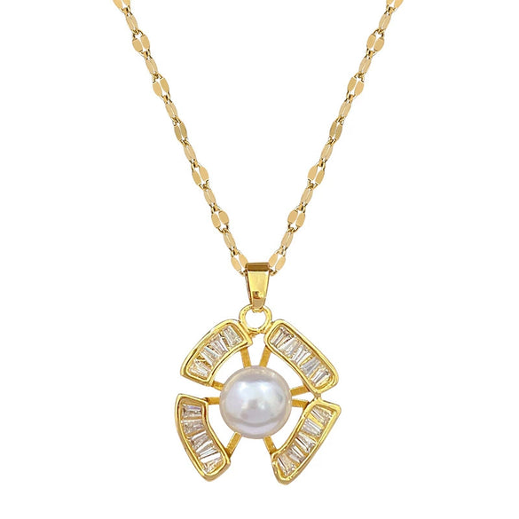 Titanium Steel Women's Light Luxury Necklace Earrings Set With Irregular Pearl And Geometric Pattern Electroplated