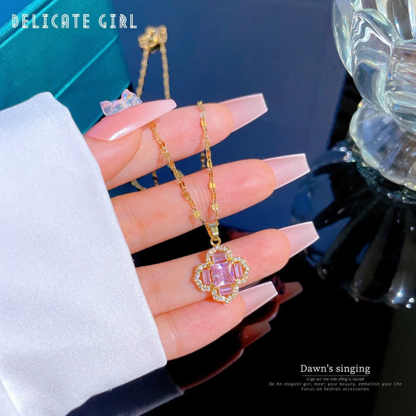Titanium Steel Women's Light Luxury Necklace With Geometric Pattern And Diamond Microinlaid Flower Pendant
