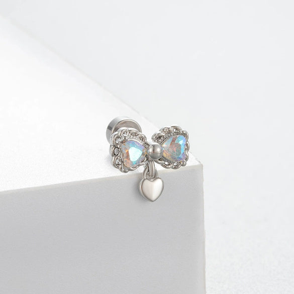 Titanium Steel Women's Lovely Style Zircon Inlaid Double Screw Bow Earring
