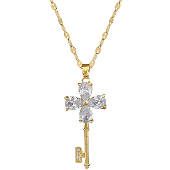 Titanium Steel Women's Luxury Flower Key Necklace With Geometric Pattern And Copper Pendant