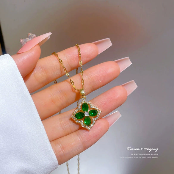 Titanium Steel Women's Luxury Fourleaf Flower Necklace With Gold Plated Copper Pendant And Diamond Micropaved Zircon Geometric Style